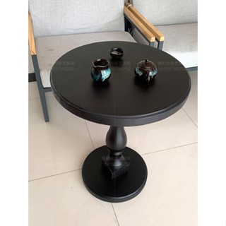 『MOKA®摩卡』美式咖啡桌法式復古60cm圓形餐桌邊幾高款茶几實木黑色小圓桌子