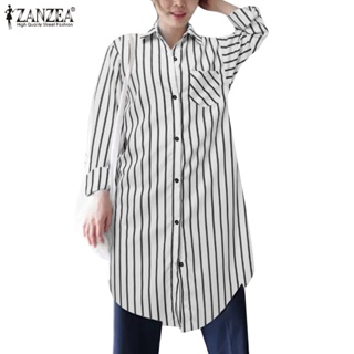 Zanzea 女式韓版時尚休閒襯衫領條紋中長襯衫