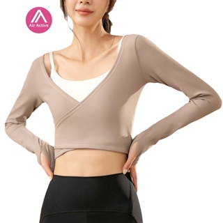 AirActive 新款瑜伽服女跑步運動速乾羅紋長袖緊身顯瘦交叉露肚瑜伽上衣（不包括内衣）