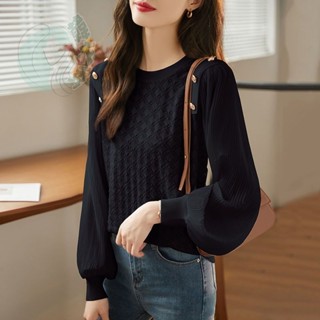 黑色長袖針織衫法式針織衫女針織上衣長袖寬鬆毛衣針織衫女薄針織長袖針織衫針織上衣長袖大尺碼針織上衣