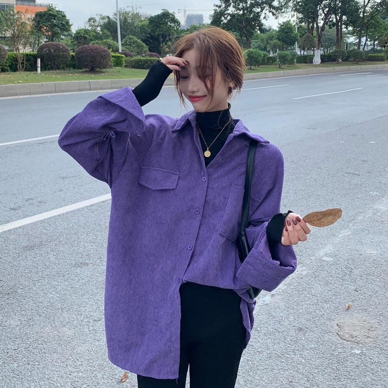 加厚襯衫韓版新款寬鬆中長款紫色燈芯絨慵懶BF風襯衫外套