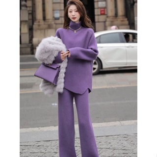 輕奢高級感紫色針織寬褲兩件套秋冬新款加厚韓版寬鬆毛衣套裝女