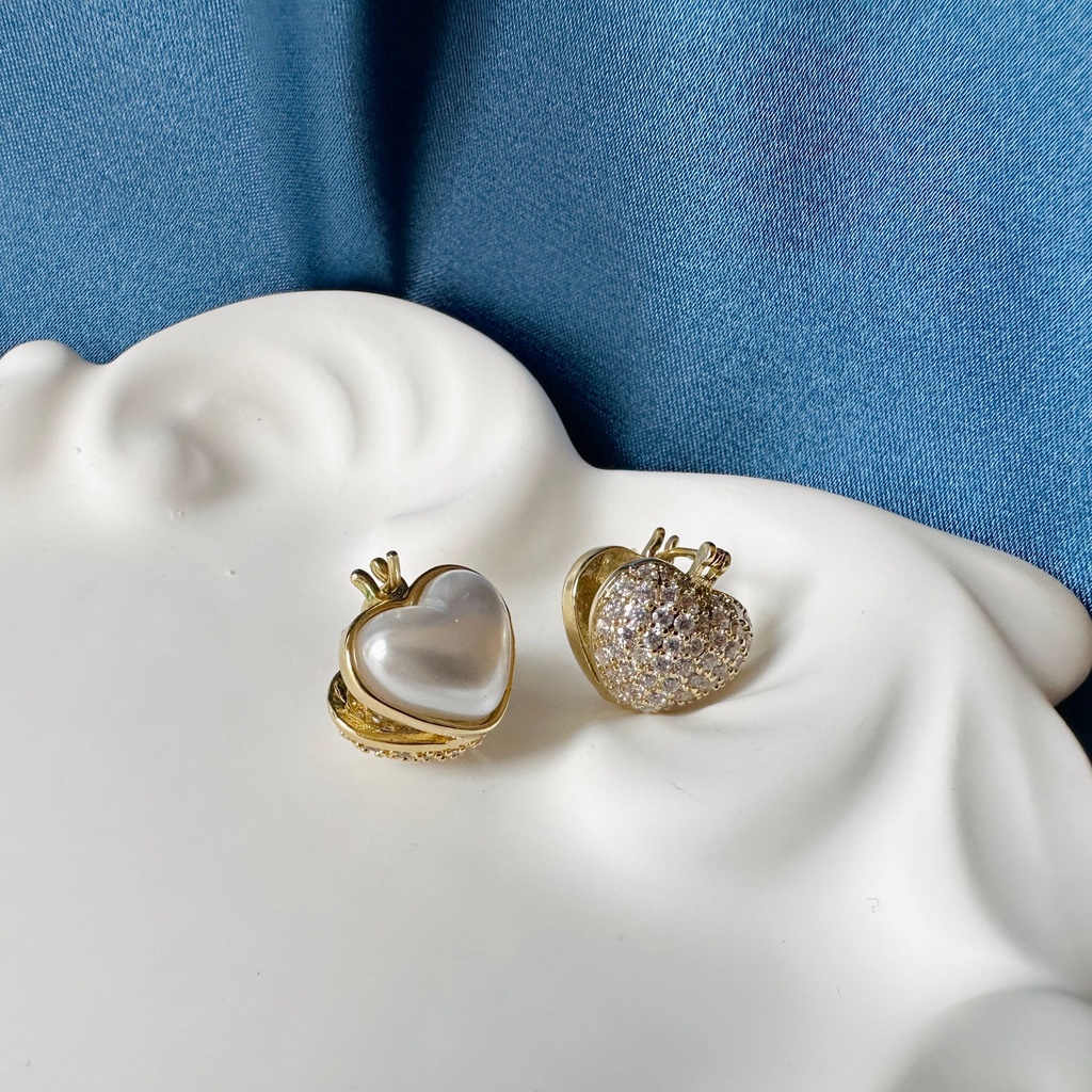 雙面設計 珍珠X滿鑽 氣質愛心耳環