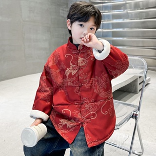 男童冬裝紅色拜年服 刷毛加厚外套 兒童冬季中大童龍年衣服