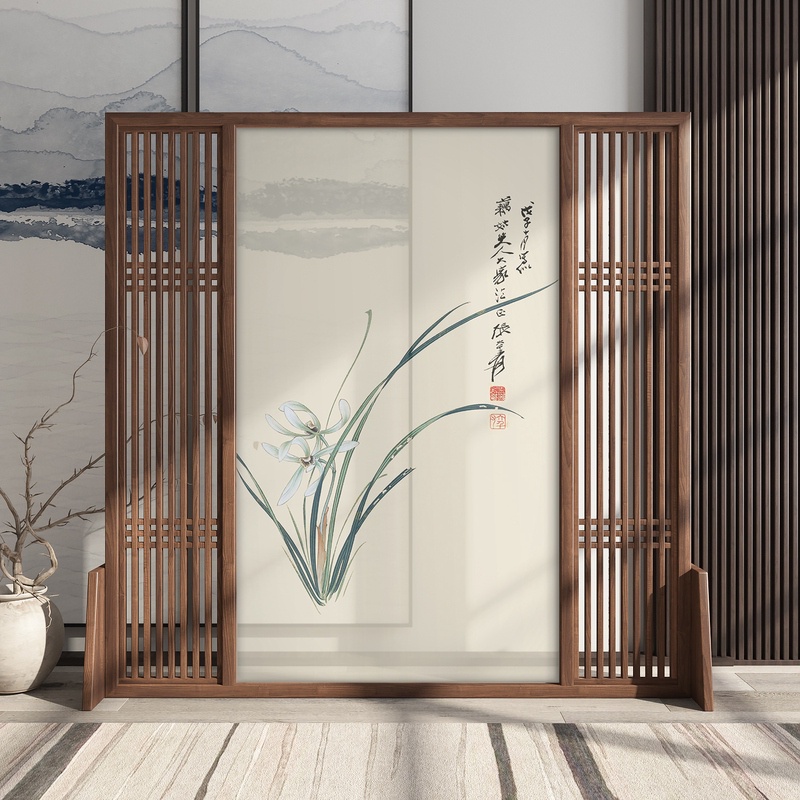 新中式屏風隔斷客廳辦公室茶室進門遮擋簡約現代禪意實木座屏蘭花 屏風 居傢裝飾 風水屏風