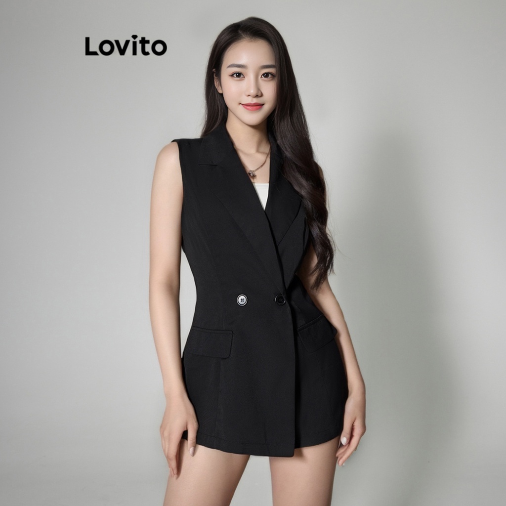 Lovito 女士休閒素色西裝外套 LBA05154 (黑色)