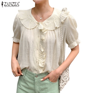 Zanzea 女式韓版木製飾邊抽繩燈籠袖荷葉邊領襯衫