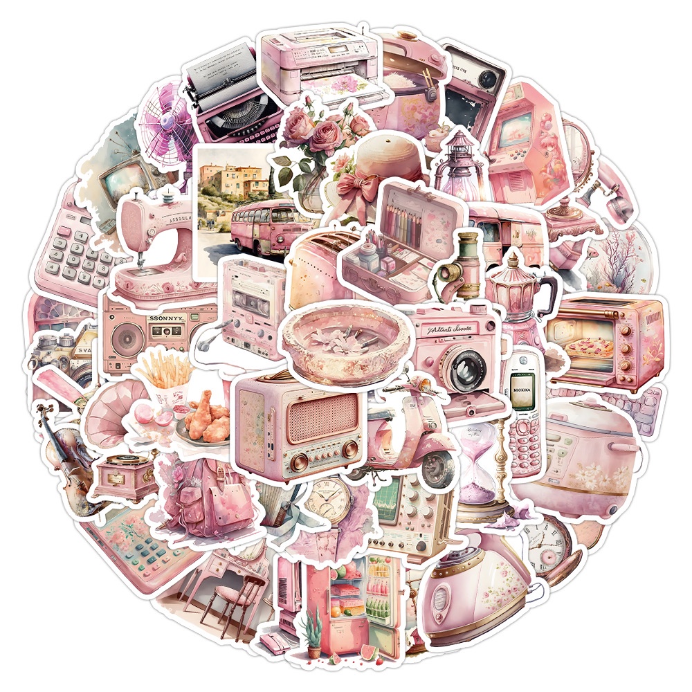 60 件裝粉色懷舊裝飾塗鴉貼紙適用於行李箱手機殼筆記本電腦筆記本貼花兒童錄音您的生活