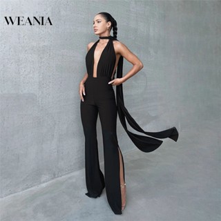 Weania 女式時尚掛脖鏤空露背微連身褲