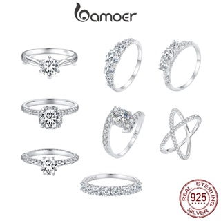 Bamoer 925 銀戒指奢華莫桑石首飾女士婚禮配飾禮物