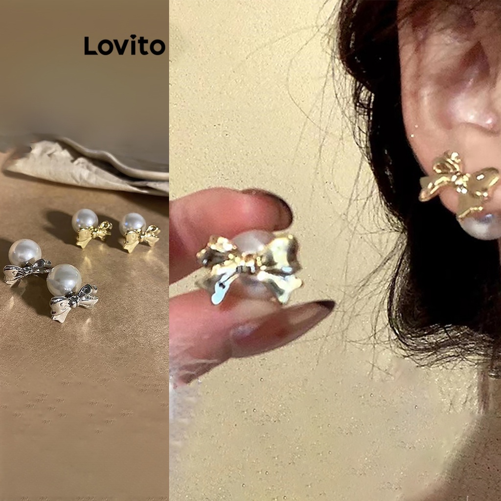 Lovito 女士休閒素色蝴蝶結珍珠耳環 LCS05125