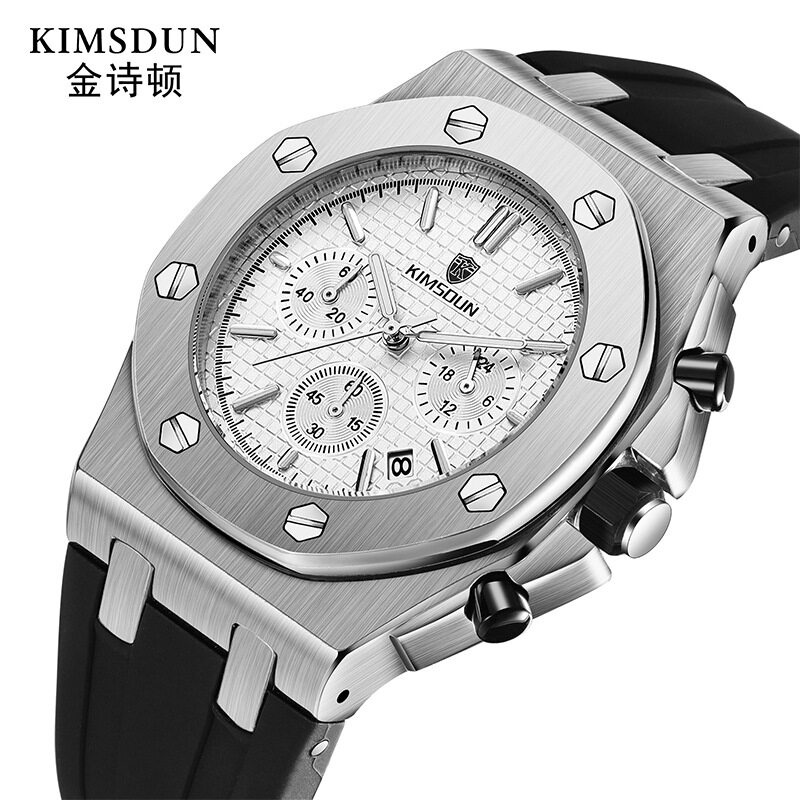Kimsdun 男士矽膠錶帶三眼多功能計時防水日曆石英手錶時尚男士手錶 K-1224B