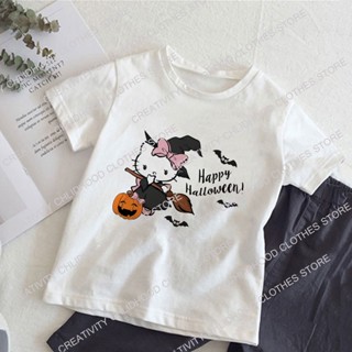卡哇伊三麗鷗萬聖節兒童 T 恤卡哇伊 Hello Kitty T 恤女孩衣服卡通休閒時尚兒童男孩短袖上衣