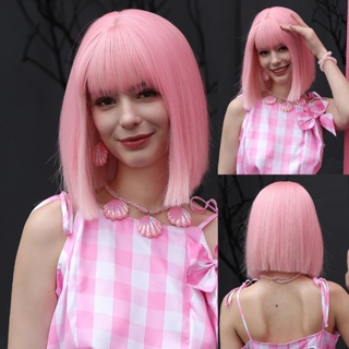 假髮芭比淺粉色角色扮演假髮短直假髮帶劉海粉色合成角色扮演假髮女士男士派對洛麗塔假髮