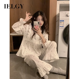 IELGY 圓點圖案公主風帶蕾絲邊長袖睡衣套裝女甜美新款