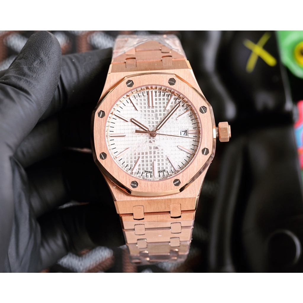 玫瑰金不鏽鋼錶帶自動機械男士腕錶高貴華麗，白色錶盤魅力奢華，A懓P比 皇家，橡樹男士手錶豪華高級