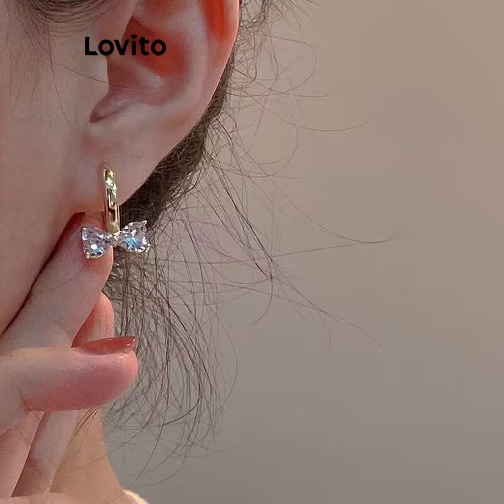 Lovito 女士休閒素色蝴蝶結水鑽耳環 LFA08101 (金色)
