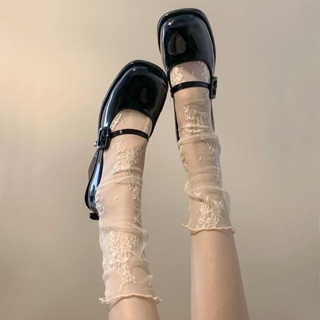 Ahellogirl 黑白短款玻璃水晶蕾絲襪女夏季網眼超薄襪