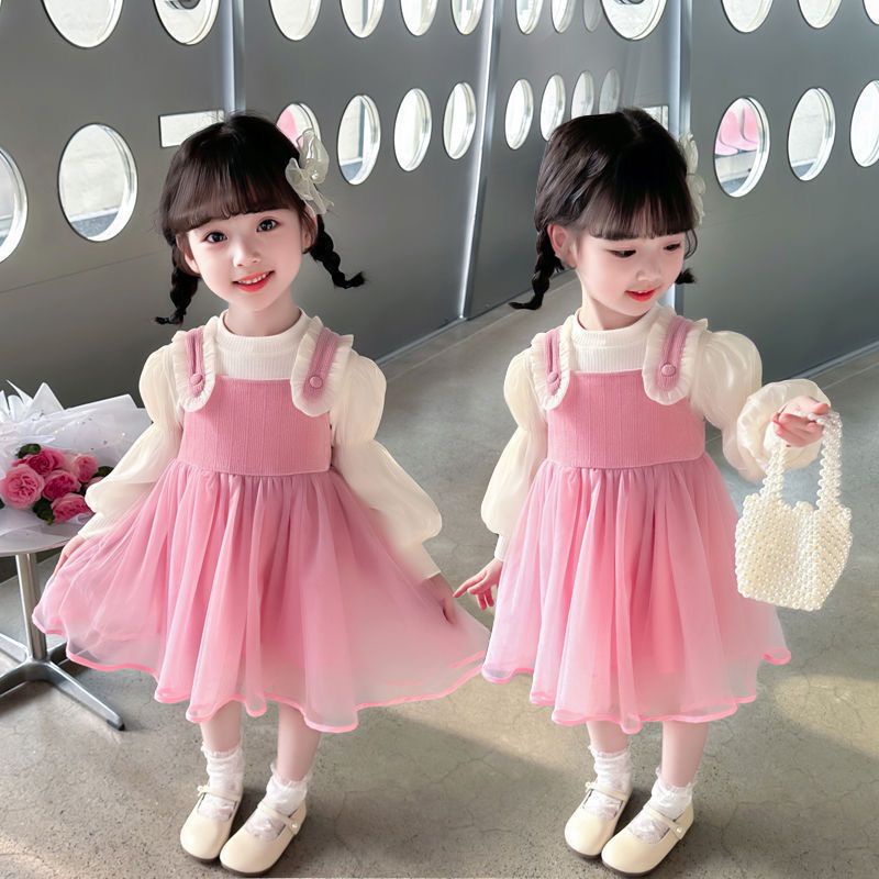 現貨 女嬰兒洋裝 週歲禮服 女童連身裙假兩件 小香風洋裝春秋裝 洋氣 寶寶泡泡袖公主裙73-110
