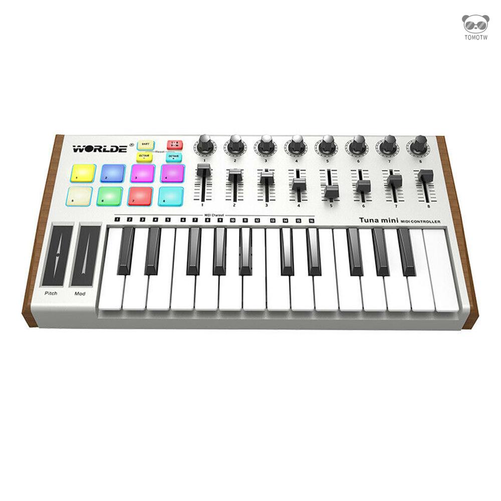 WORLDE TUNA MINI 25鍵MIDI鍵盤控制器 8個彩色背光打擊墊 帶標準踏板接口