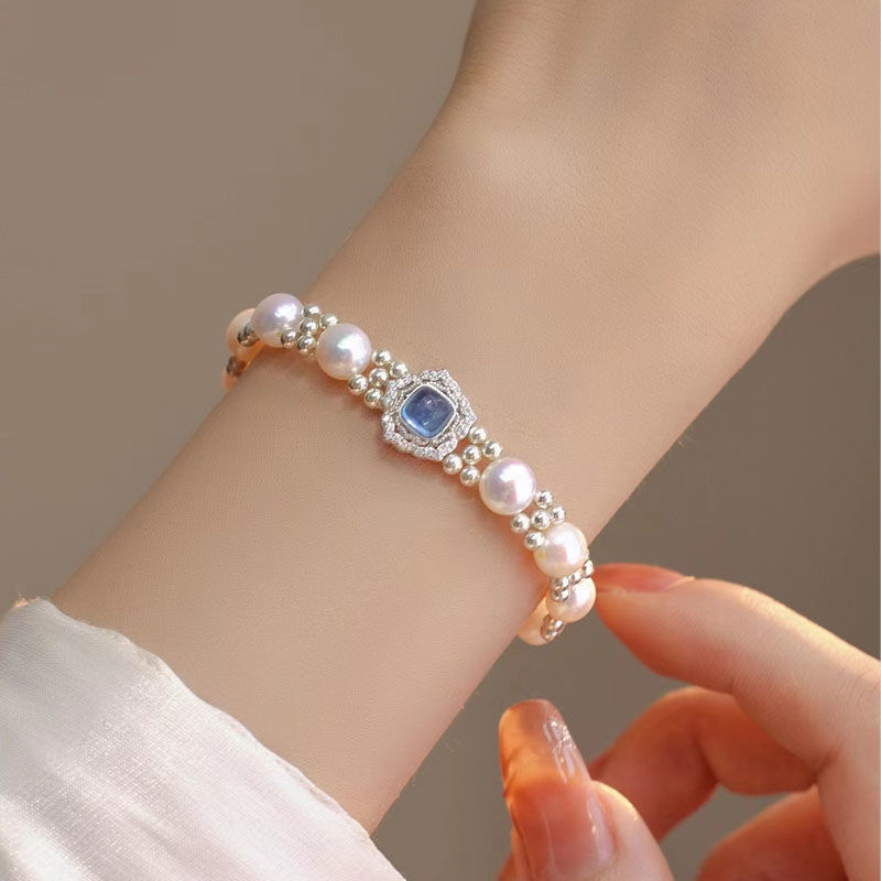 新款設計海藍寶珍珠S925純銀手鍊小眾個性禮物輕奢女
