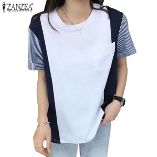 Zanzea 女式韓版拼布條紋拼接彩色短袖針織 T 恤