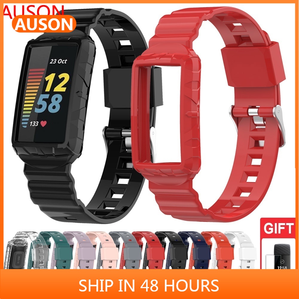 AUSON Fitbit Charge 4 錶帶 Charge 5 裝甲一體錶帶 charge3 矽膠錶帶 錶帶+保護殼