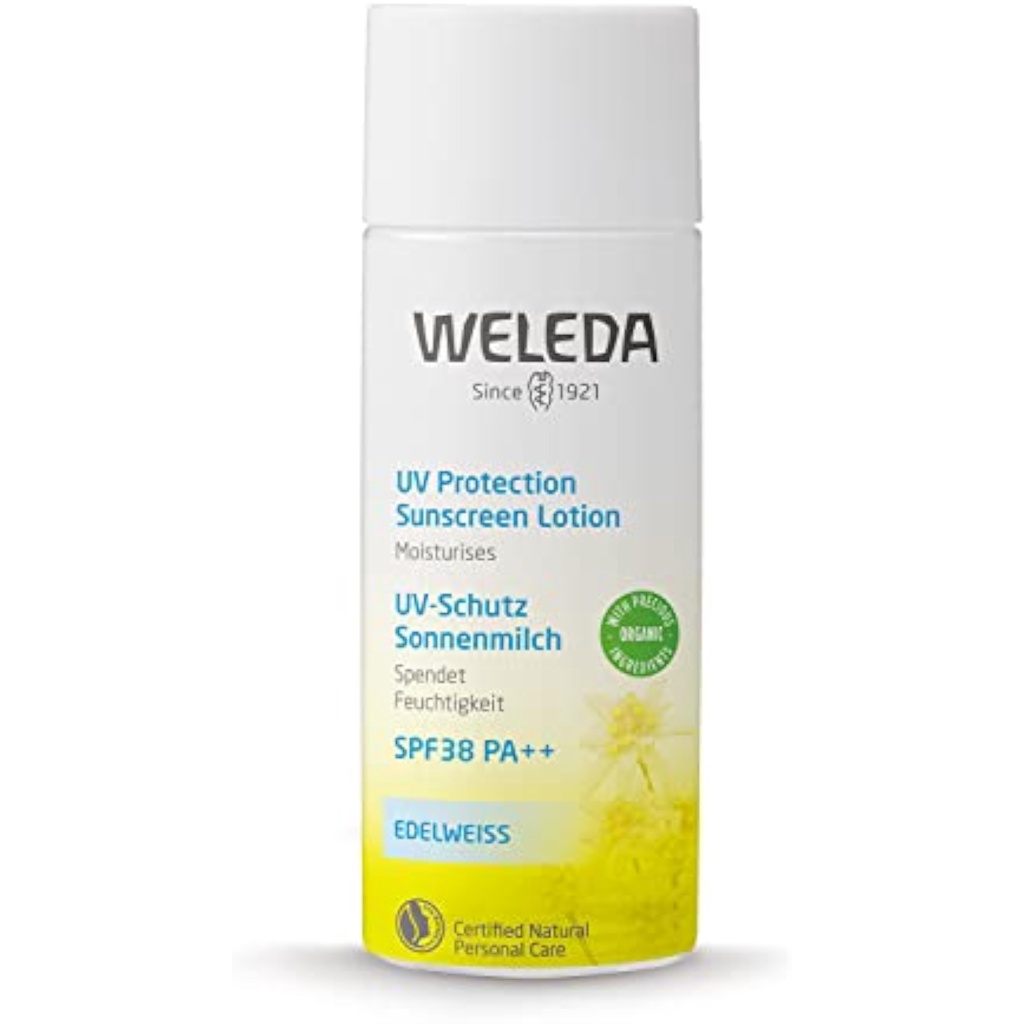 WELEDA 雪绒花紫外线防护 90 毫升 SPF38 PA++ 全身防晒乳，敏感肌肤，底妆，皂液，不含紫外线吸收剂，天