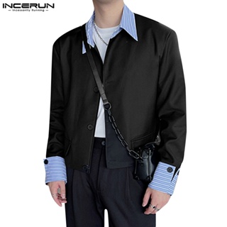 Incerun 男士韓版襯衫領拼布純色鏤空長袖西裝外套