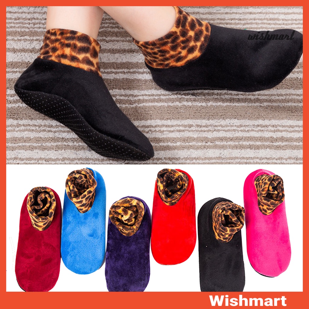 【WT】雙層女式毛絨內襯厚拖鞋豹紋拼接地板襪