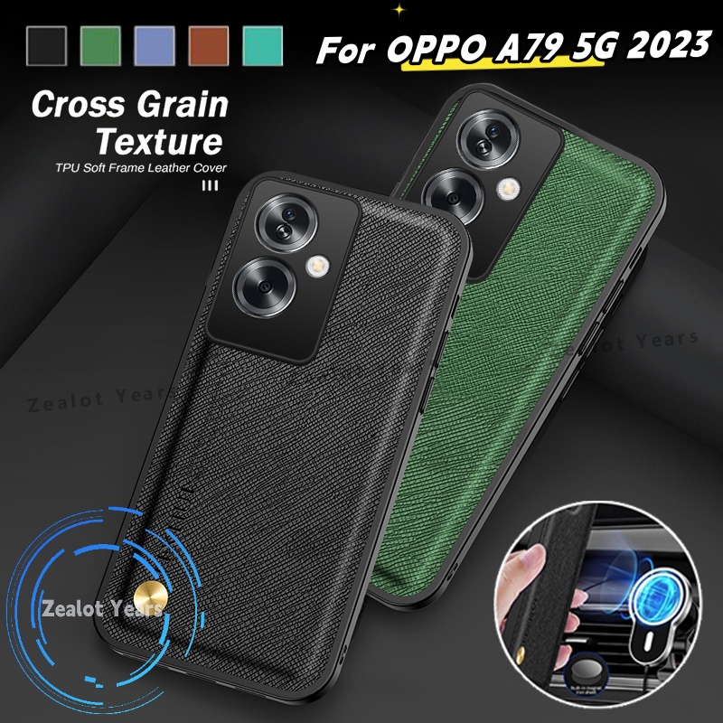 適用於 OPPO A79 5G 2023 OppoA79 十字紋皮套相機防震車載磁性支架手機套