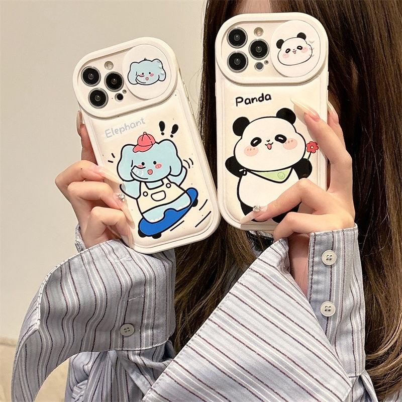 趣味殼 鏡頭推拉窗 熊貓寶寶 滑板小飛象 iPhone 15 Pro Max 14 13 12 11 手機殼 護鏡滑蓋頭