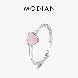 Modian 925 純銀粉色水晶心形蛋白石開口尺寸 6-8 指環甜美簡約高級珠寶女士生日禮物