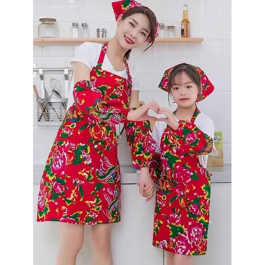 «紅色圍裙» 現貨 東北大花民族風親子烘焙廚藝 圍裙 套裝袖套頭巾六一兒童表演舞蹈服