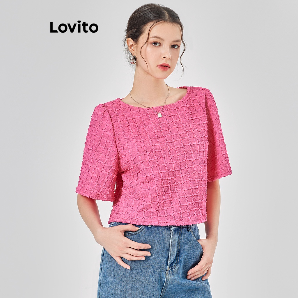 Lovito 女休閒格紋網紗拼接襯衫 L68ED031 (亮粉色/白色)
