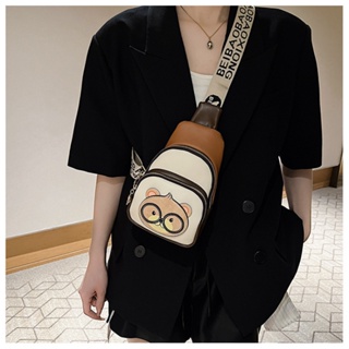 高檔韓版胸包女款小眾卡通眼鏡小熊手機斜背包可愛斜背包