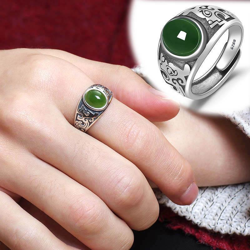 【輕奢爆品】仿和田玉碧玉男士鍍銀指環復古綠寶石戒指男款活口翡翠色扳指