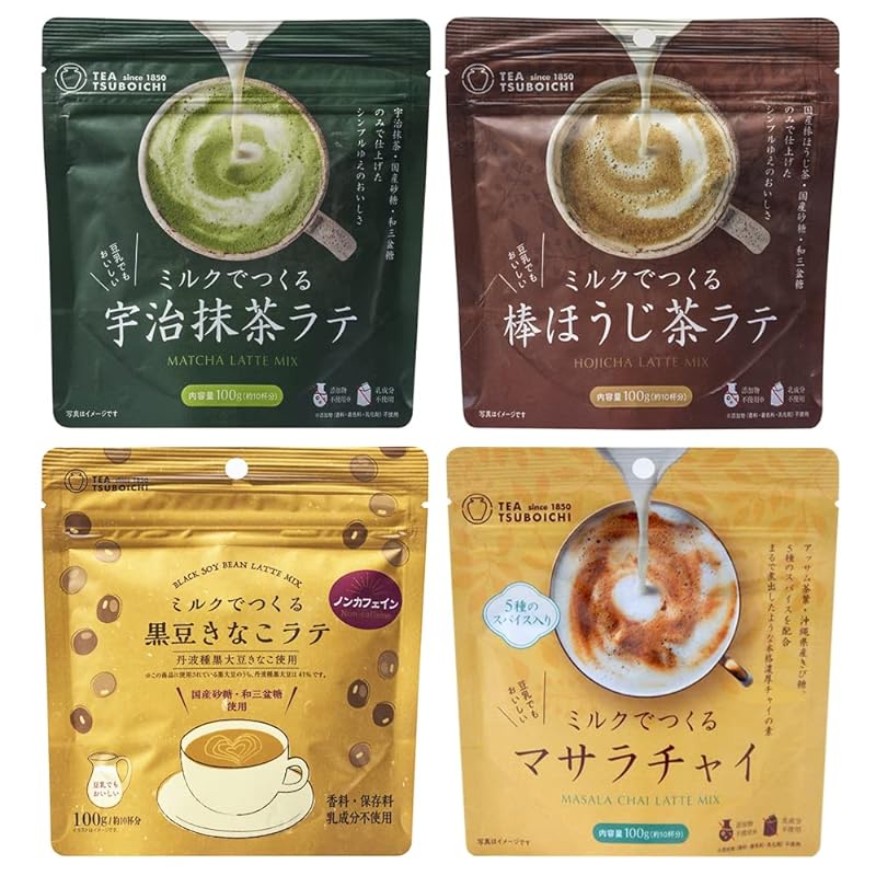[日本直送]Tsuboichi Tea Honpo 牛奶冲泡拿铁组合套装，4 种（宇治抹茶拿铁、棒焙茶拿铁、黑豆金子拿铁