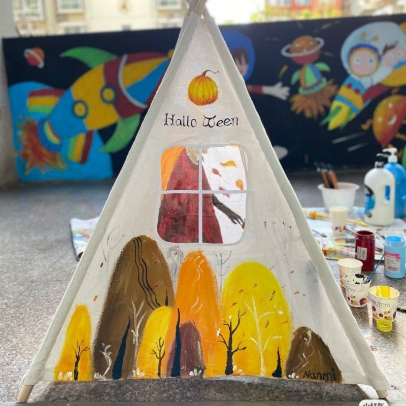 24 小時出貨手繪帳篷兒童戶外活動繪畫塗鴉三角小帳篷寶寶畫畫專用印第安BJ