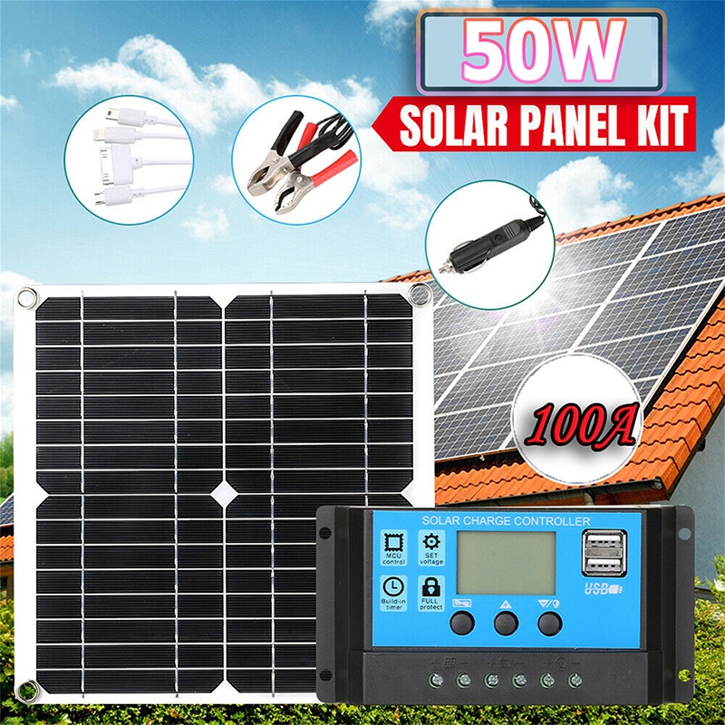 【現貨】50W太陽能電池板套裝便攜式太陽能發電系統帶100A控制器應急電池充電器手機汽車遊艇戶外高品質