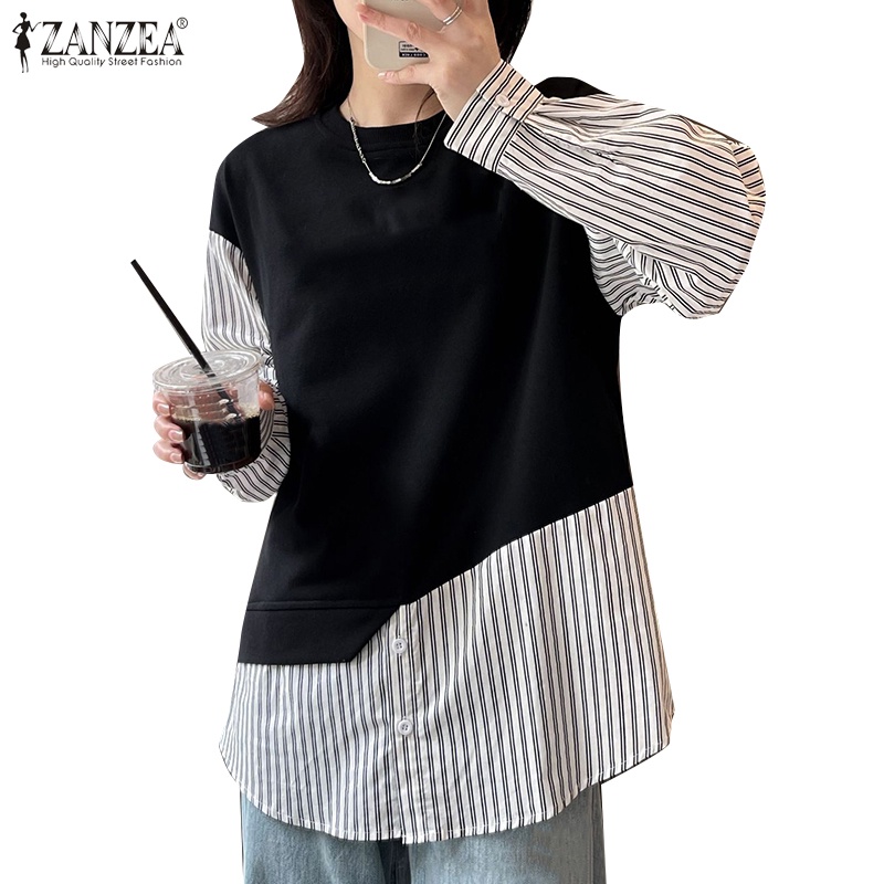 Zanzea 女式韓版時尚印花條紋假兩件 O 領運動衫