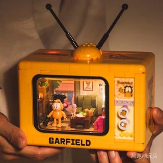 盲盒 手辦 擺件 加菲貓複古電視機正版積木週邊