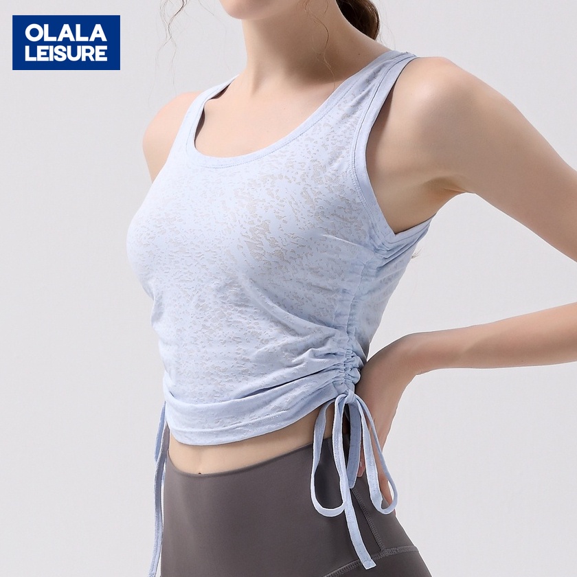 OLALA 薄款緊身無袖罩衫普拉提顯瘦抽繩運動背心女跑步提花上衣瑜伽服夏