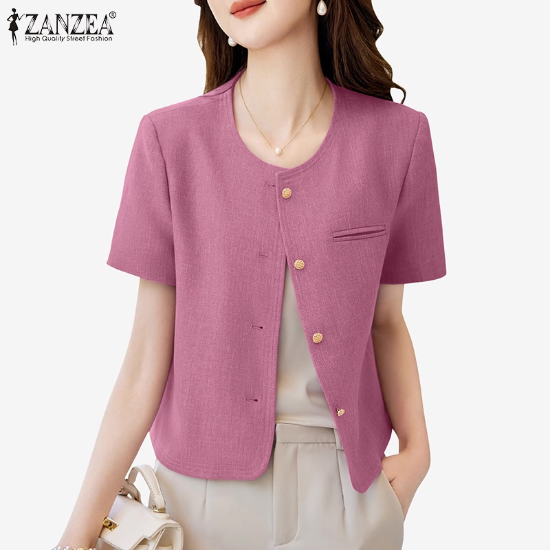 Zanzea 女式韓版短袖圓領鈕扣前襟西裝外套