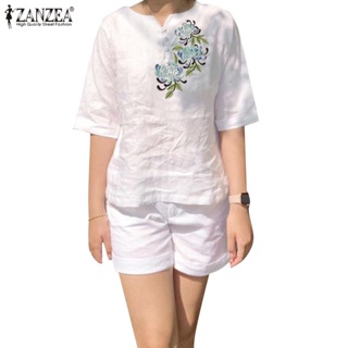 Zanzea 女式韓版刺繡半袖上衣前中心拉鍊短褲日常套裝