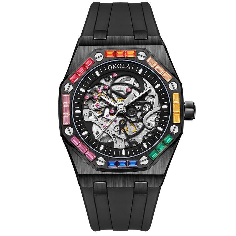 ONOLA/奧駱納時尚新款彩虹鑽全自動機械手錶男硅膠帶防水手錶ON3834D
