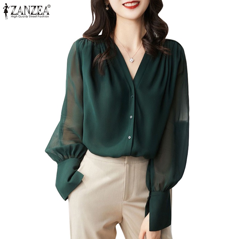 Zanzea 女式韓版時尚 V 領長袖鈕扣辦公室襯衫