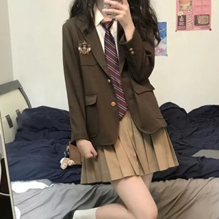 懶人穿搭 女學生秋季jk制服套裝 百褶裙短裙+學院風小個子鹽系少女感西裝外套+內搭白色長袖襯衫+領帶