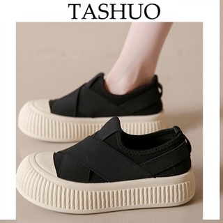 TASHUO 35-43 韓版交叉帶厚底鞋餅乾鞋小白鞋女休閒平底套腳網紅厚底懶人鞋