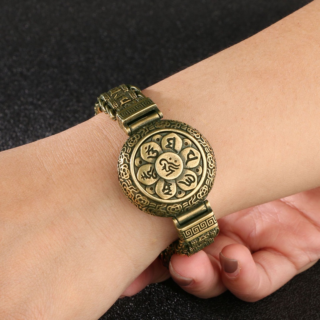 國潮藏式仿古做舊古銅黃銅手錶鏈男佛經鏈子實心跨境熱銷飾品批發